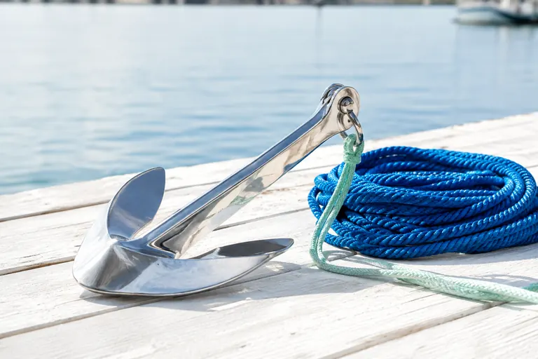 Ancre de bateau posée sur un ponton blanc avec un cordage bleu enroulé