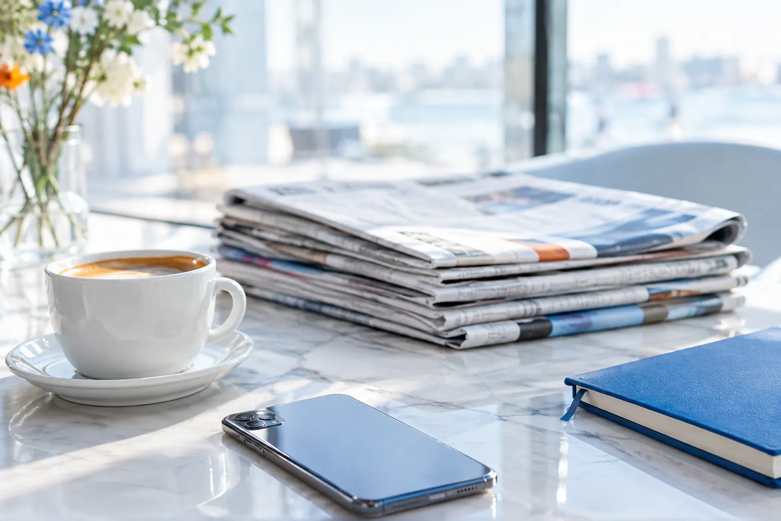 Pile de journaux pliés sur une table de café, pour obtenir des backlinks naturellement grâce aux relations presse