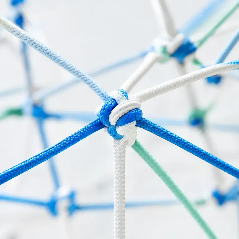 Réseau de cordes bleues et blanches nouées, image du maillage de liens entre sites